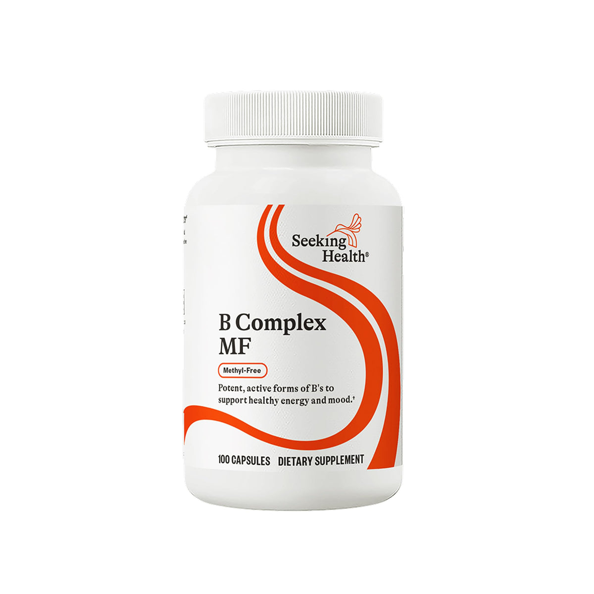 Seeking Health B Complex MF bottle label highlighting essential B vitamins for daily energy support.