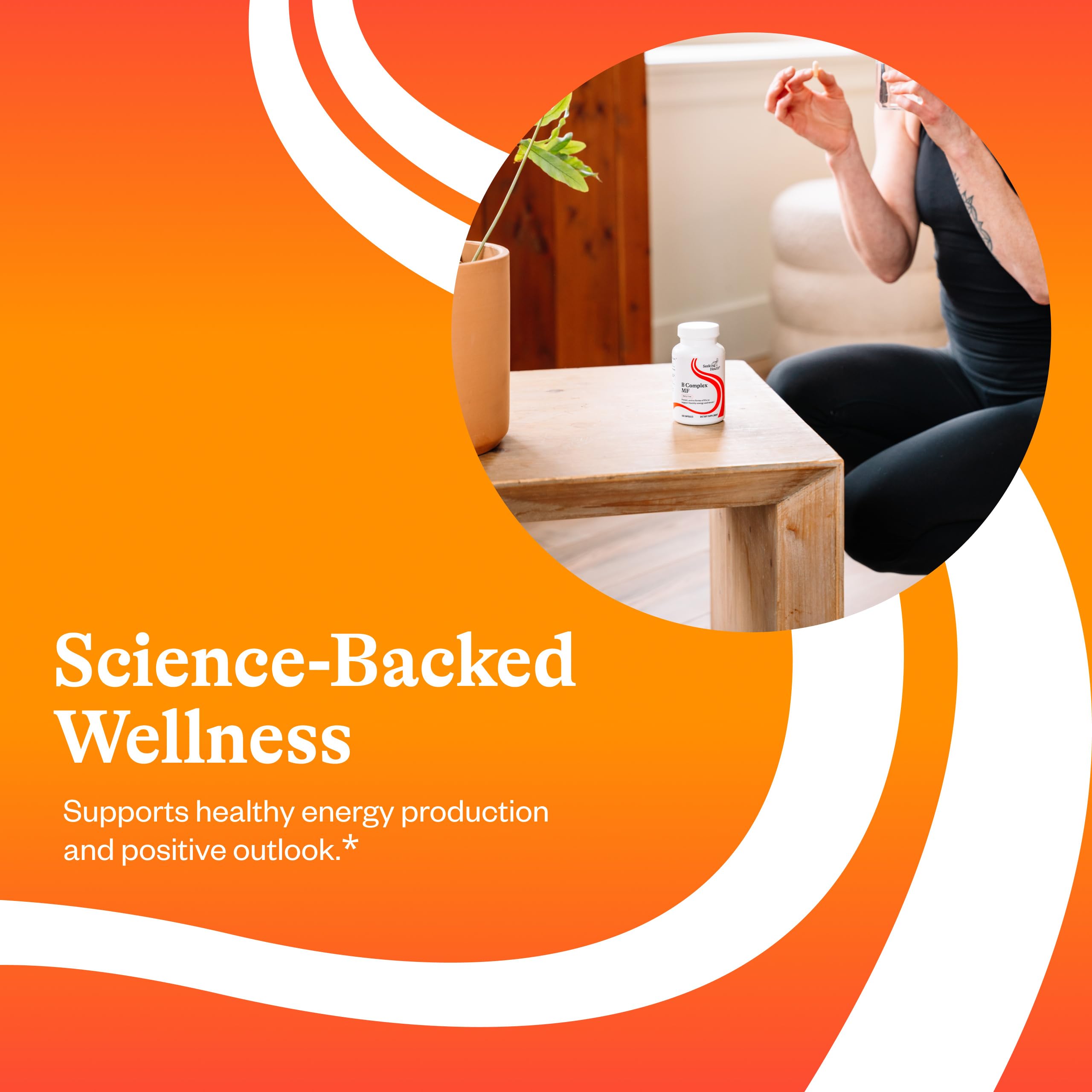 Seeking Health B Complex MF nutrition facts panel illustrates eight B vitamins in one serving.