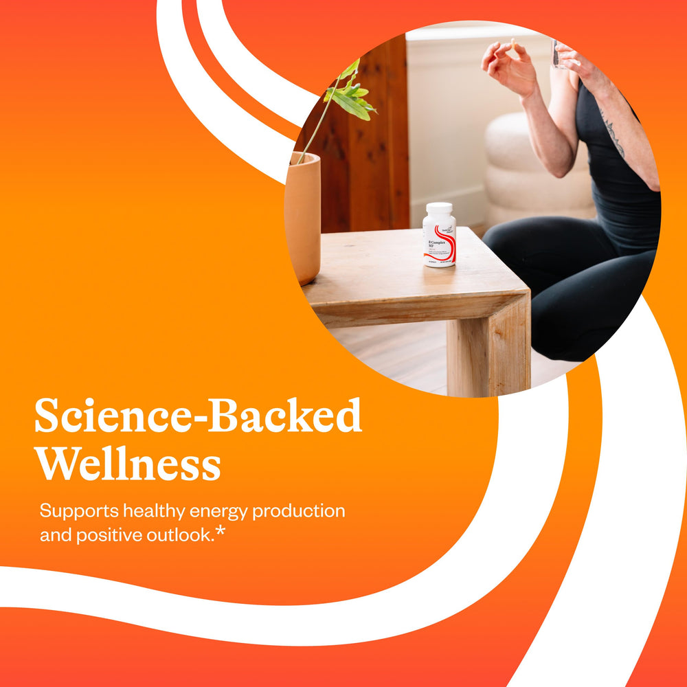 Seeking Health B Complex MF nutrition facts panel illustrates eight B vitamins in one serving.