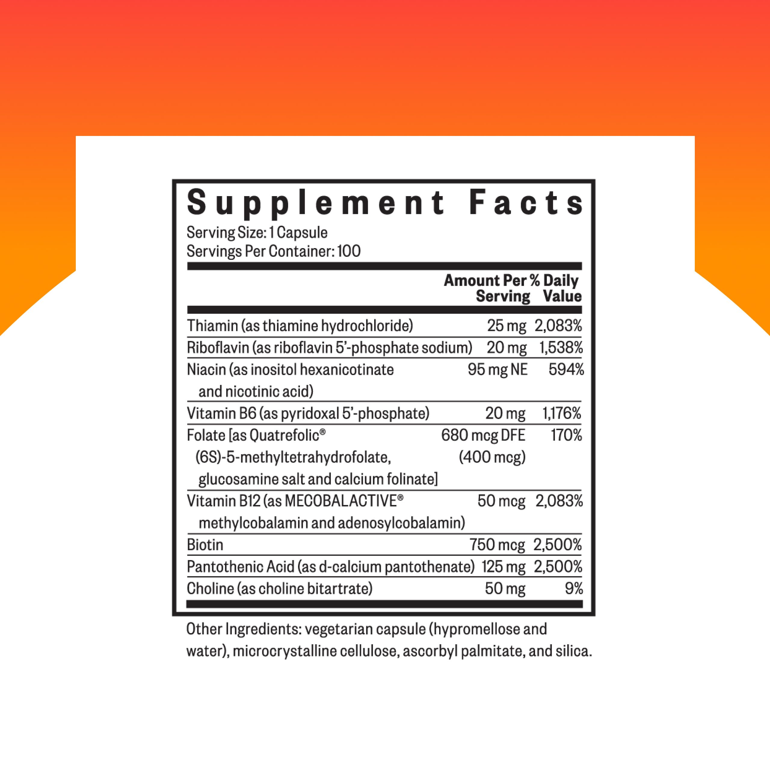 Seeking Health B Complex Plus label close-up showing essential vitamins.