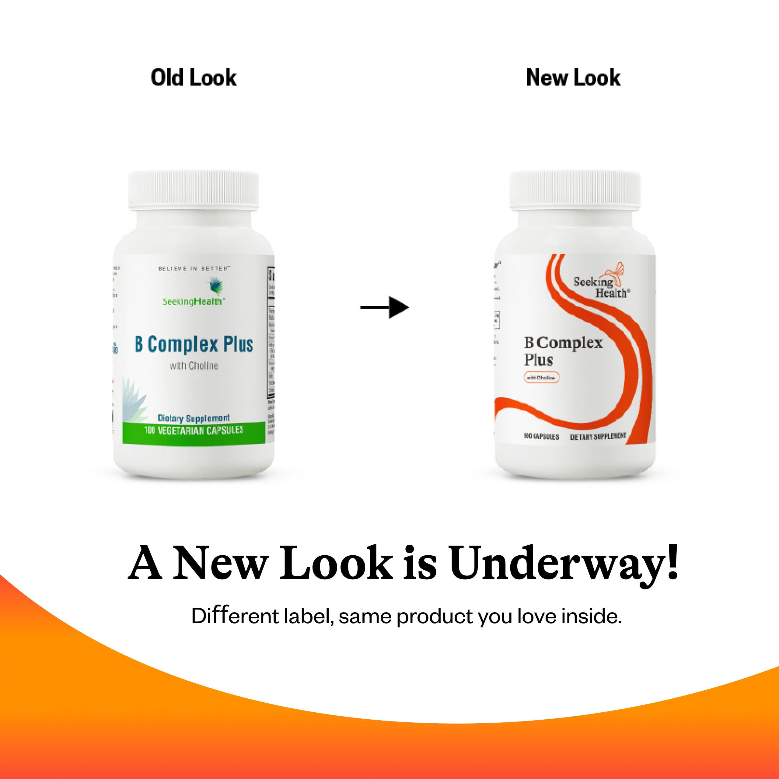 Seeking Health B Complex Plus capsules arranged on white surface.
