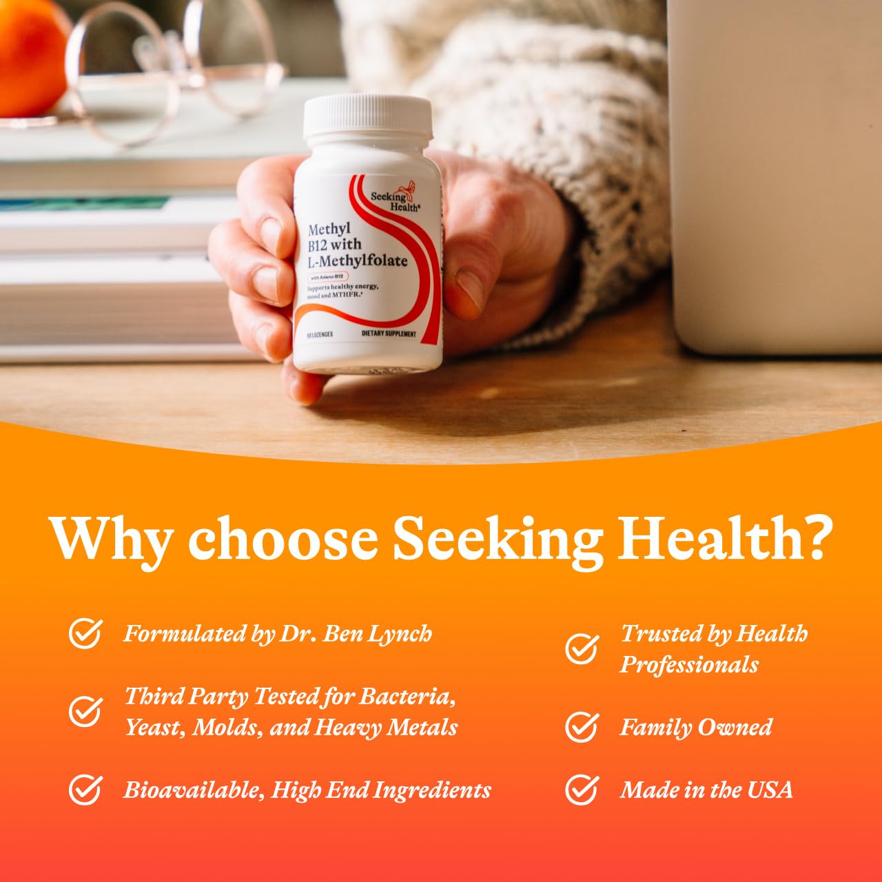 Brain-health and energy concept illustration with Seeking Health branding.