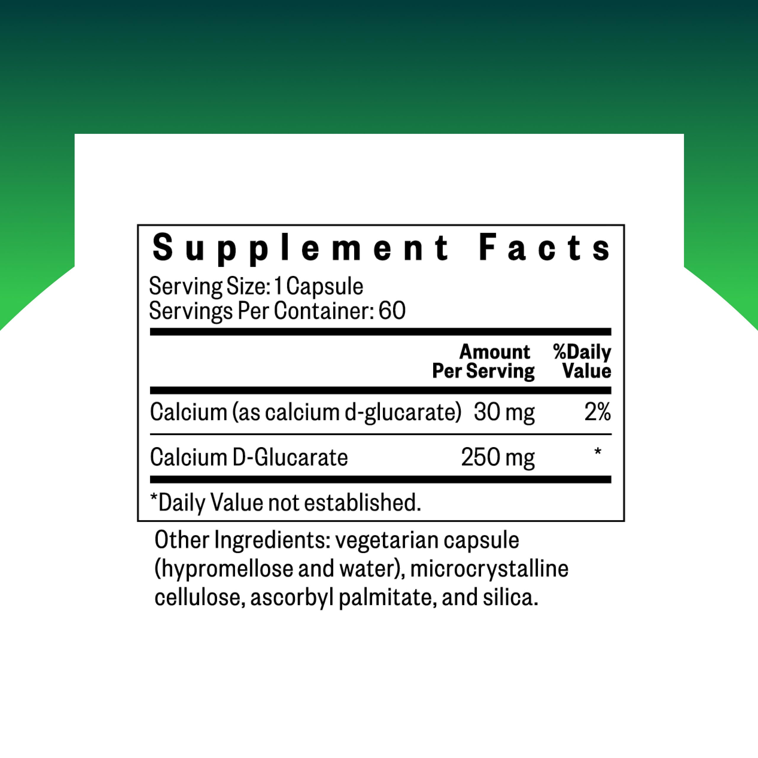 Seeking Health Calcium D-Glucarate capsules closeup shows easy-to-swallow form.