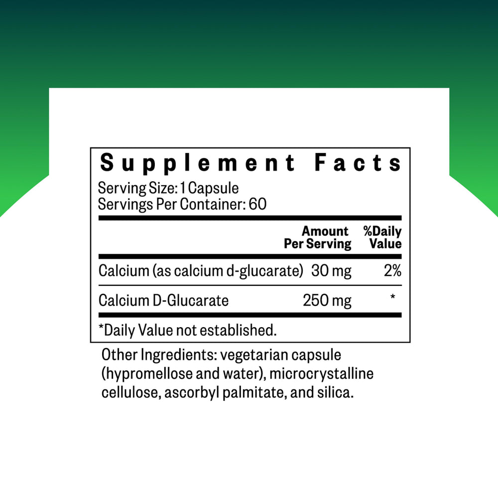 Seeking Health Calcium D-Glucarate capsules closeup shows easy-to-swallow form.