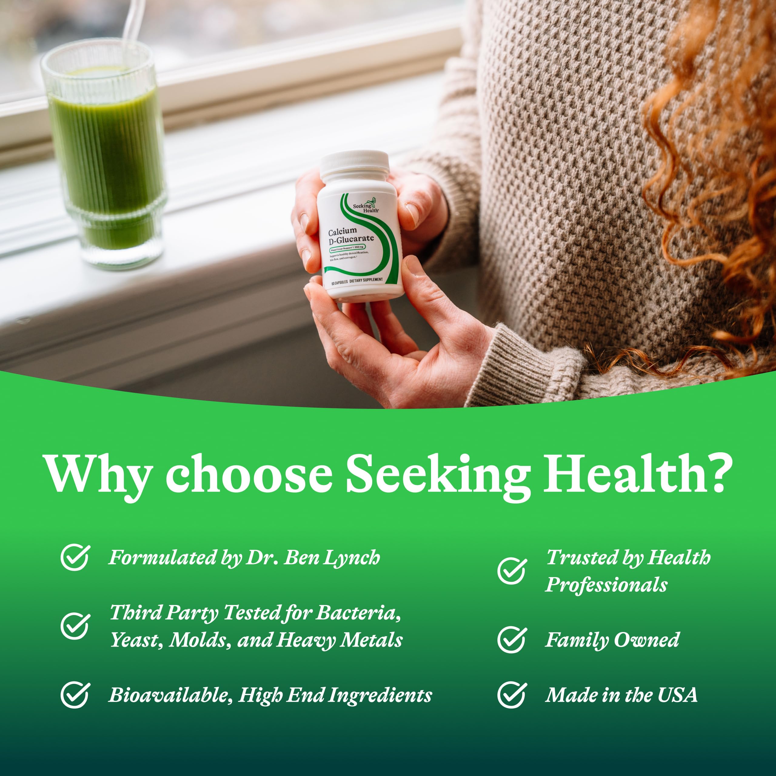 Seeking Health Calcium D-Glucarate dosage shot illustrates capsule count per bottle.
