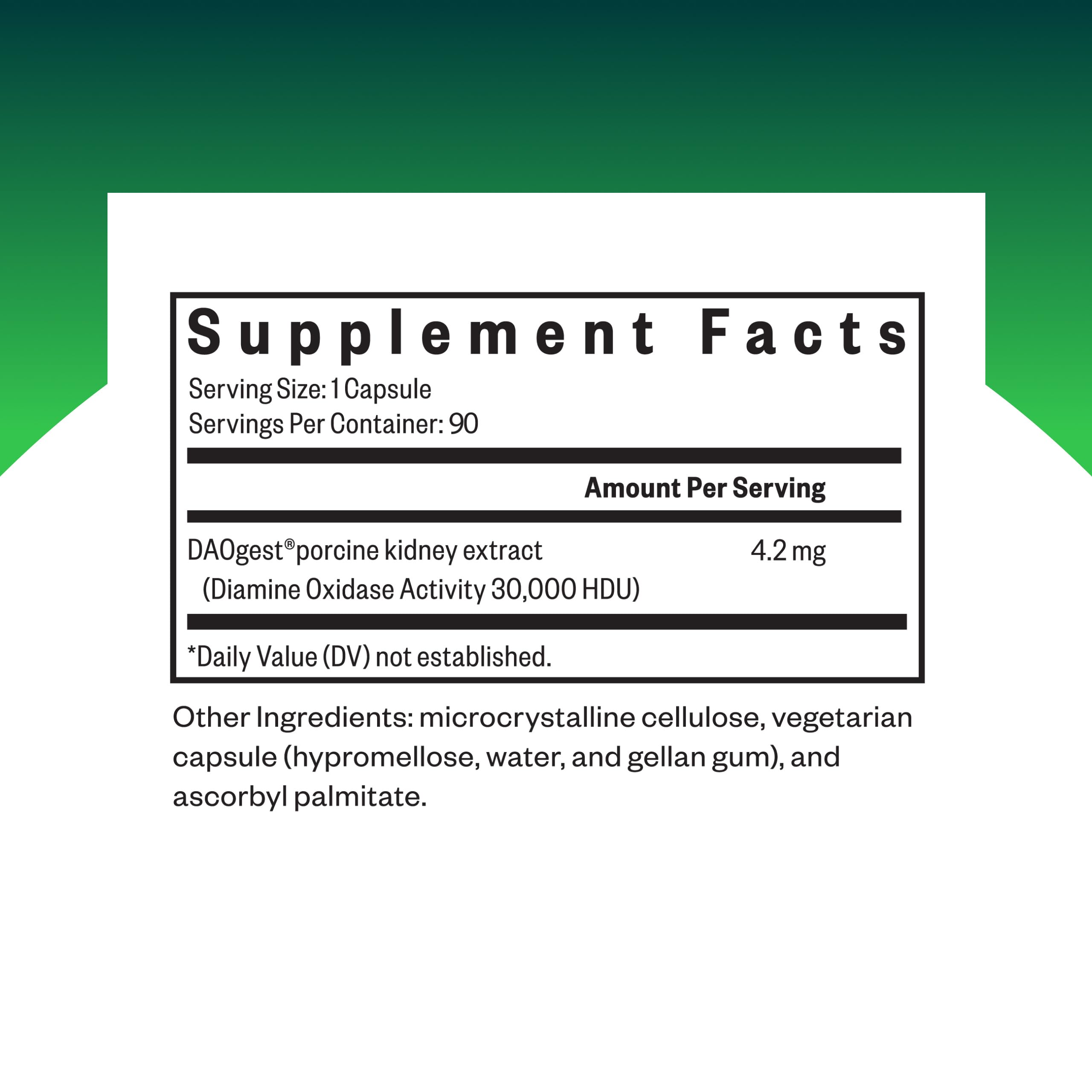 Seeking Health DAO Enzyme bottle back, includes dosage guidance for high-histamine meals.