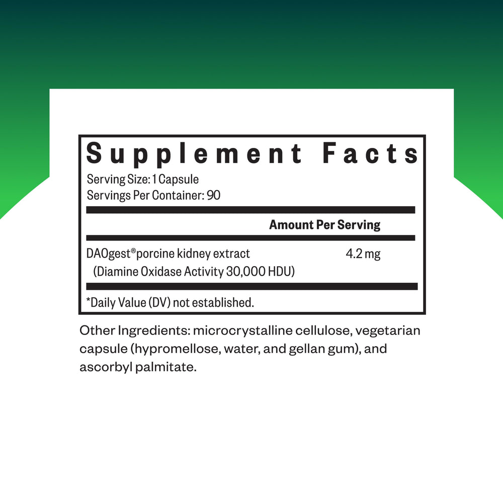 Seeking Health DAO Enzyme bottle back, includes dosage guidance for high-histamine meals.