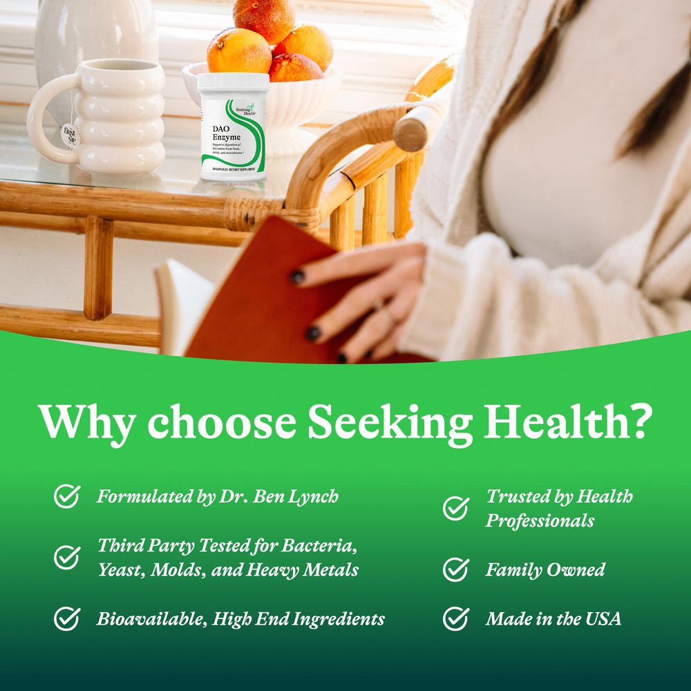 Seeking Health DAO Enzyme nutrition facts panel outlines capsule content.