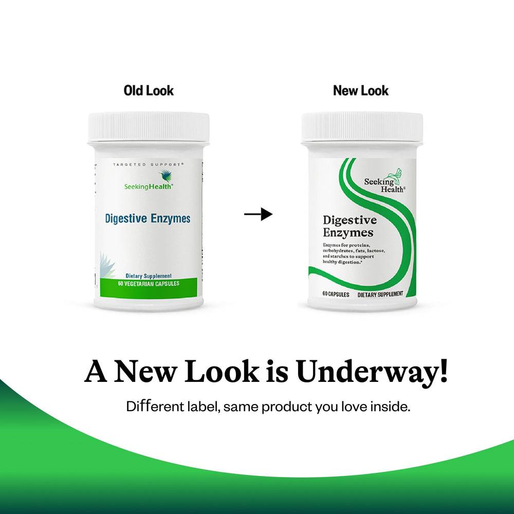 Seeking Health Digestive Enzymes on table beside meals for comfort
