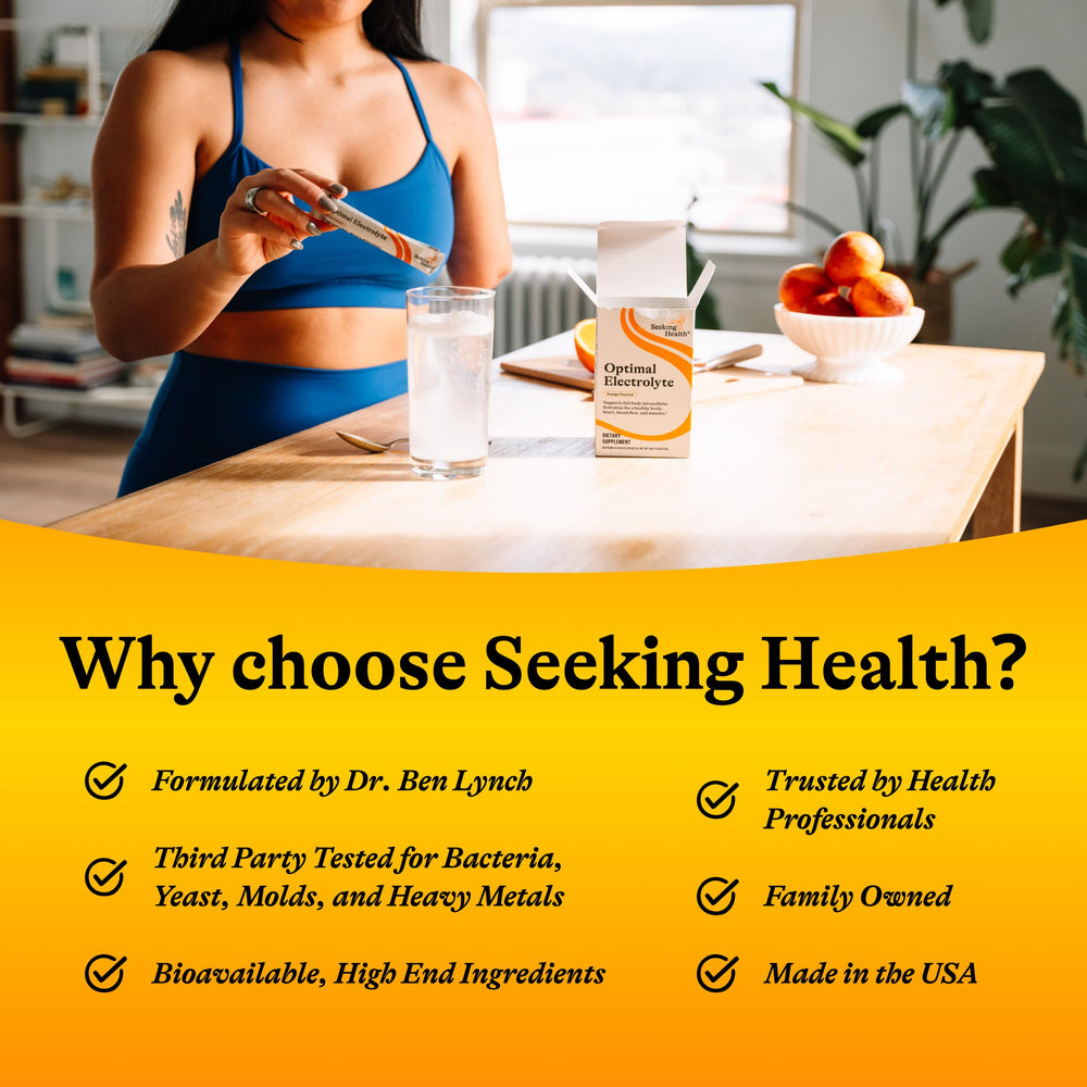 Seeking Health Electrolyte Sticks vegan-glutenfree badge communicates allergen-friendly benefits