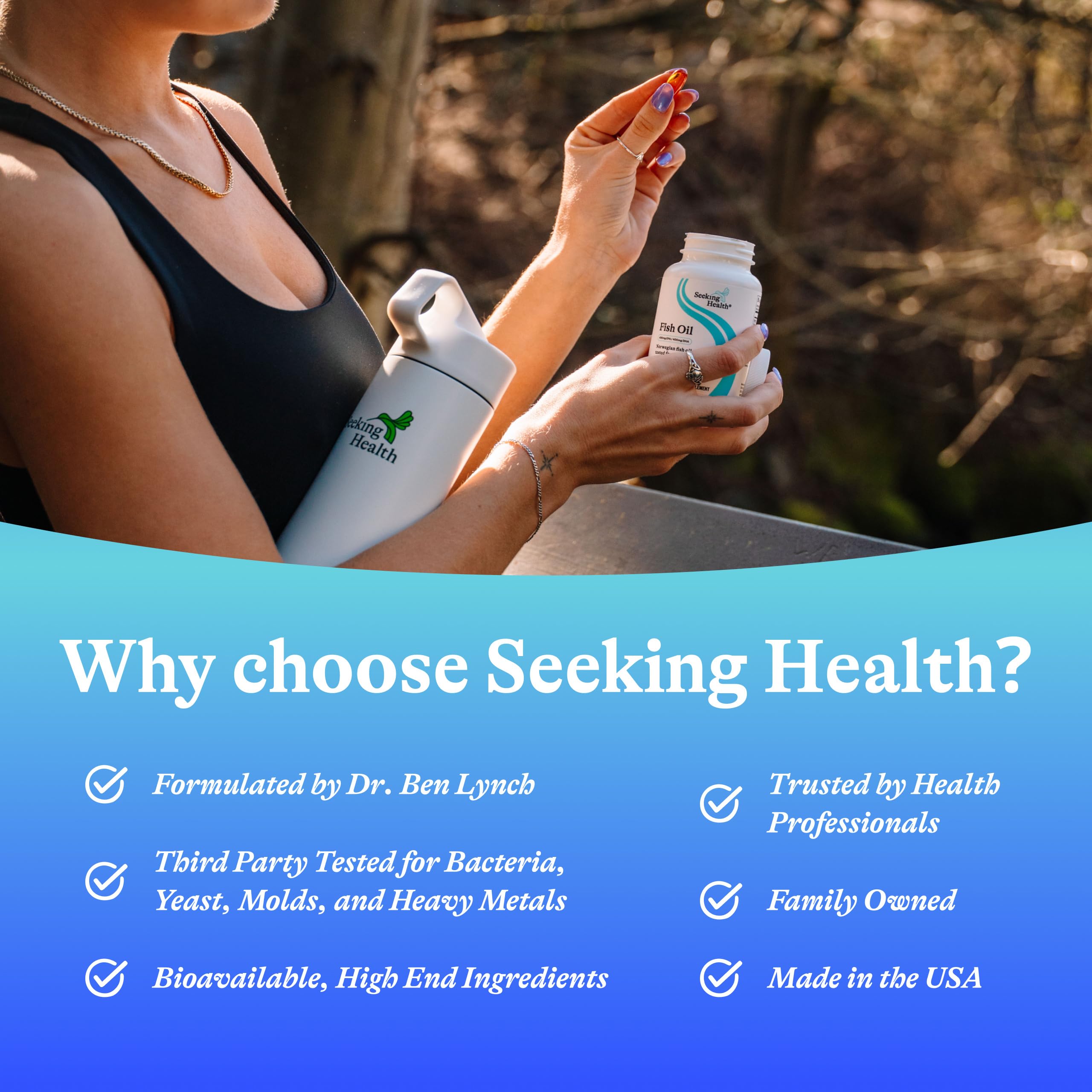 Seeking Health Fish Oil bottle highlights absence of artificial colors and flavors.