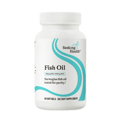 Seeking Health Fish Oil softgels 60-count bottle for daily omega-3 support.