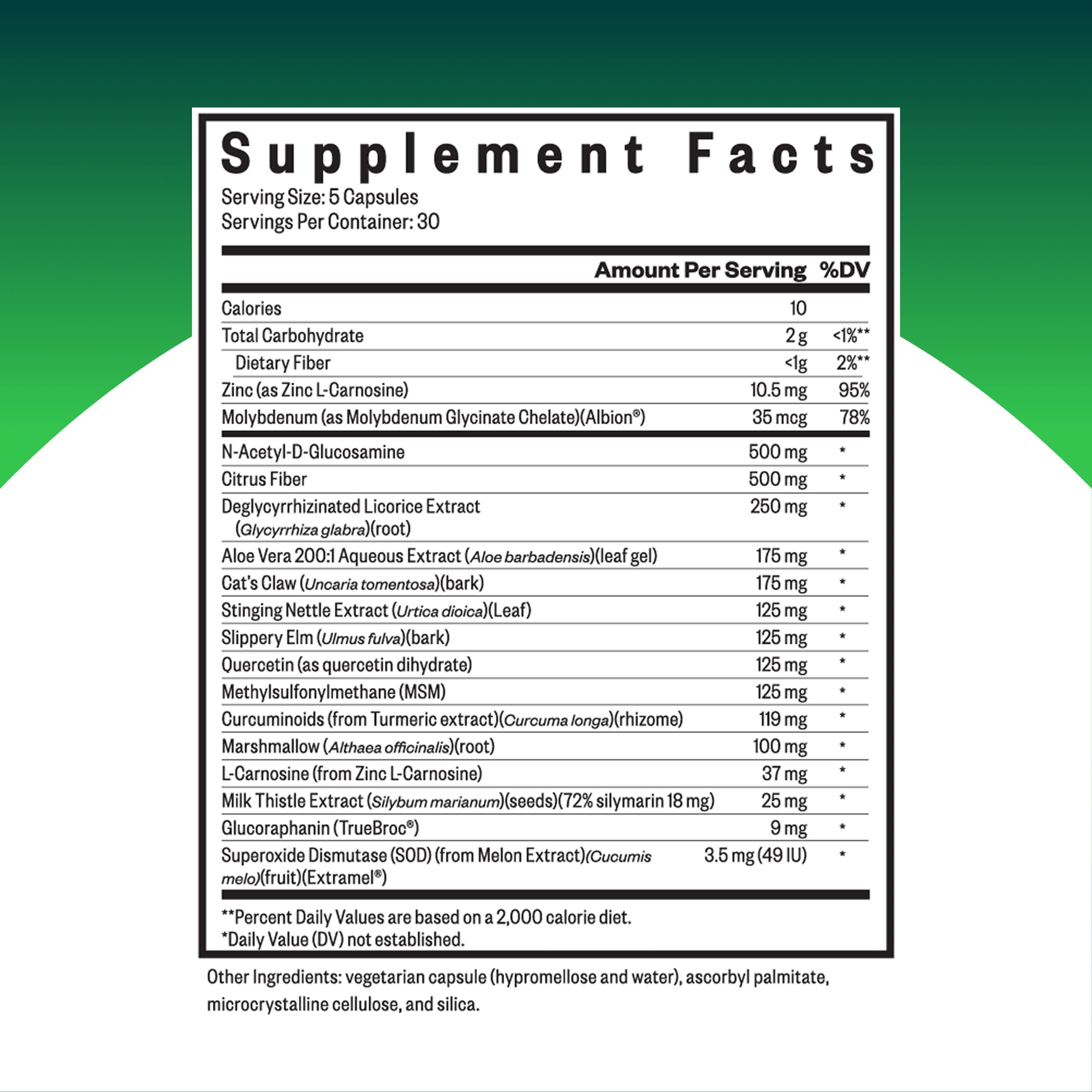 Close-up of Seeking Health Gut Nutrients bottle showing capsules for gut support.