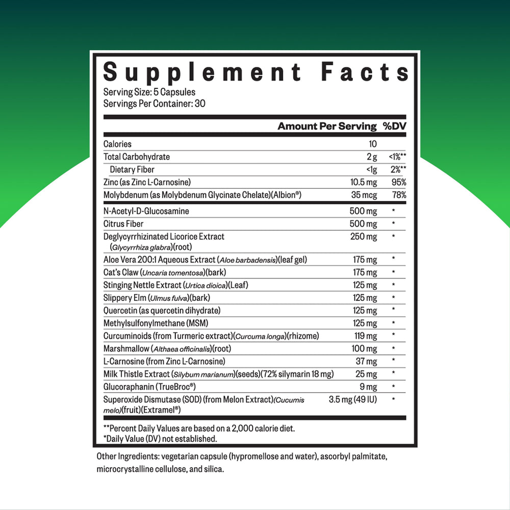 Close-up of Seeking Health Gut Nutrients bottle showing capsules for gut support.