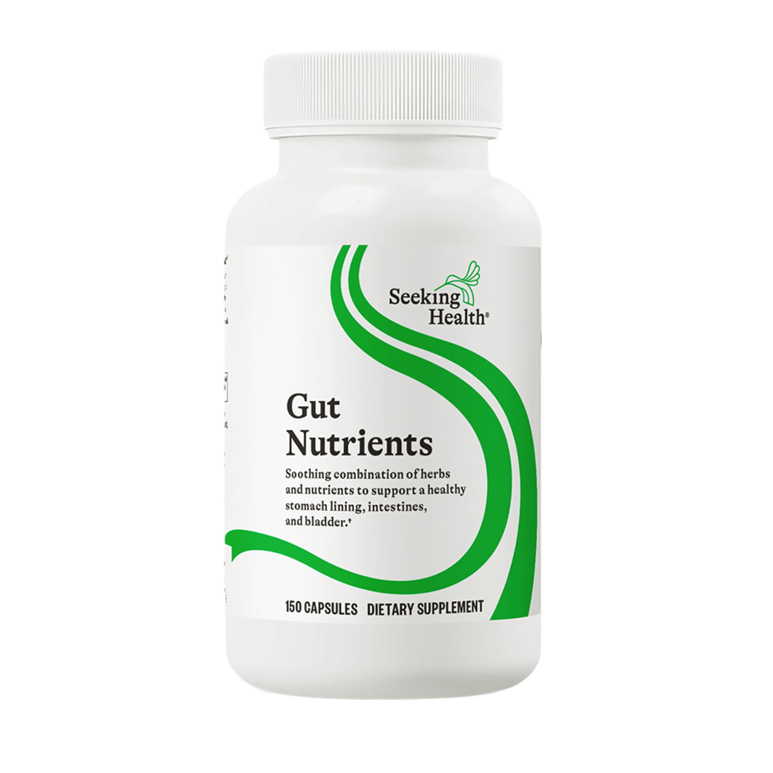 Seeking Health Gut Nutrients bottle on shelf with label visible, suggesting digestive support.