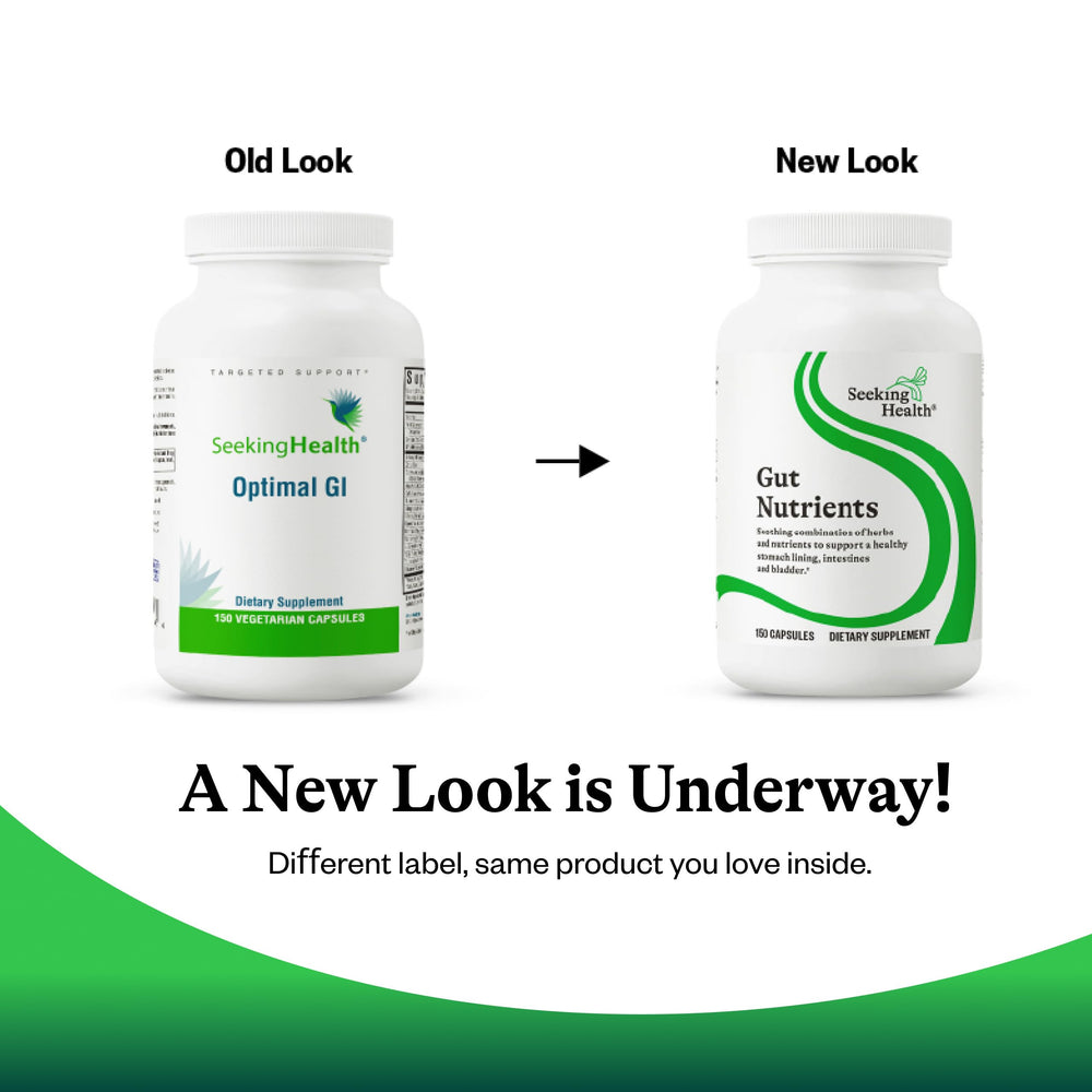 Packaging and seal of Seeking Health Gut Nutrients signaling quality control.
