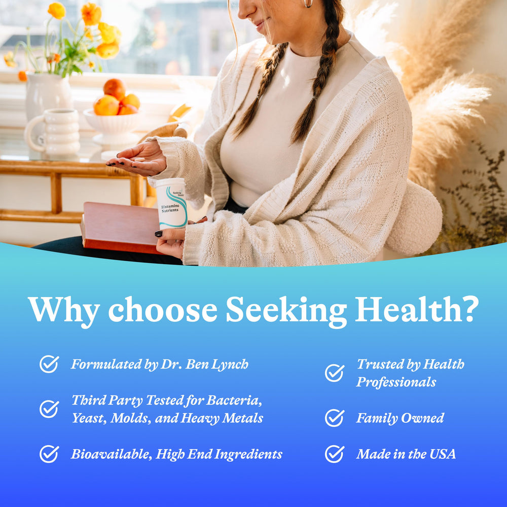 Seeking Health Histamine Nutrients bottle on kitchen counter.