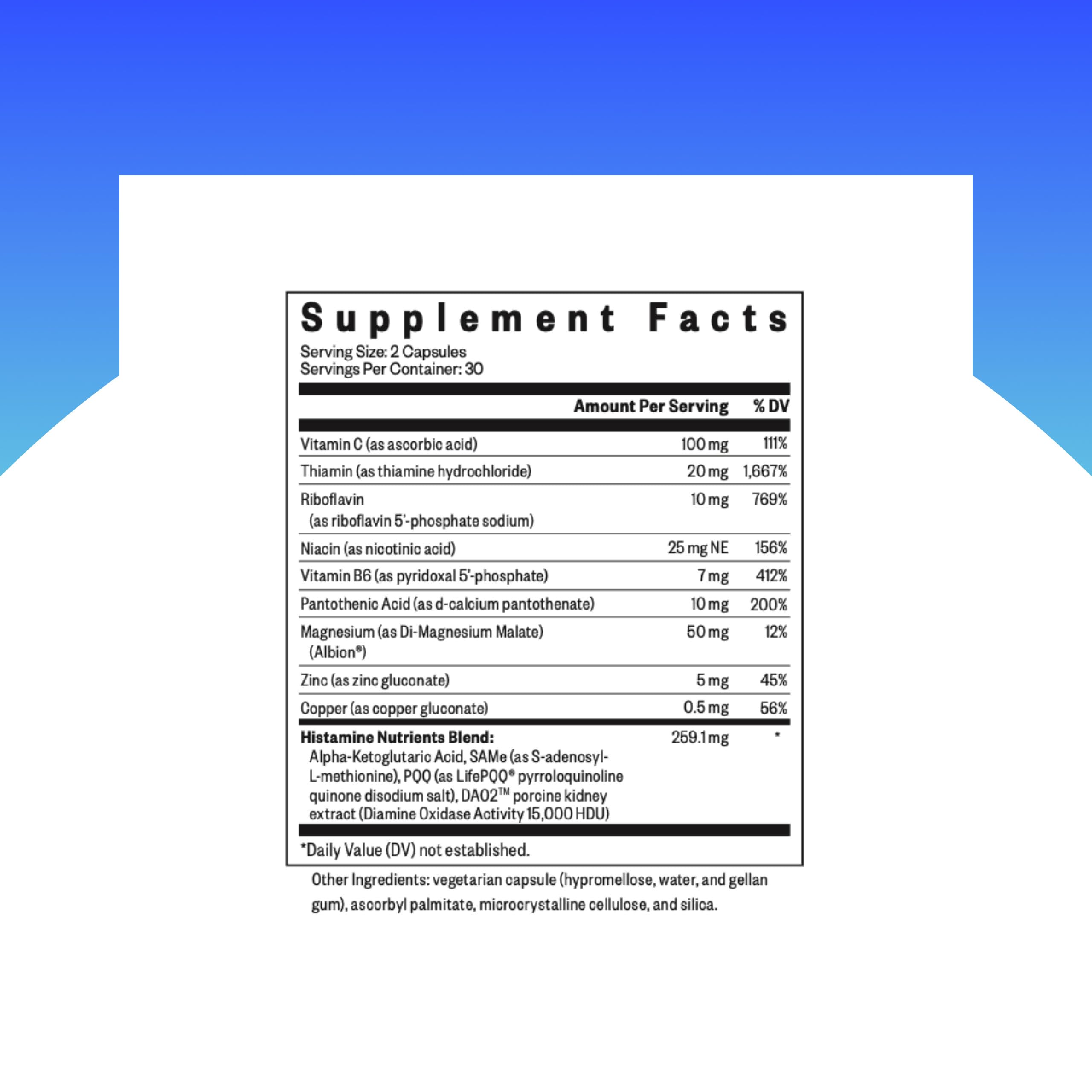 Seeking Health Histamine Nutrients capsules highlighting B vitamins for histamine support.