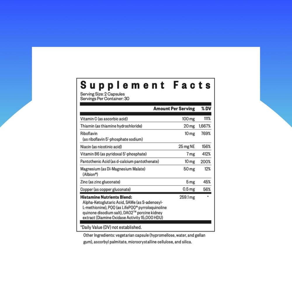 Seeking Health Histamine Nutrients capsules highlighting B vitamins for histamine support.