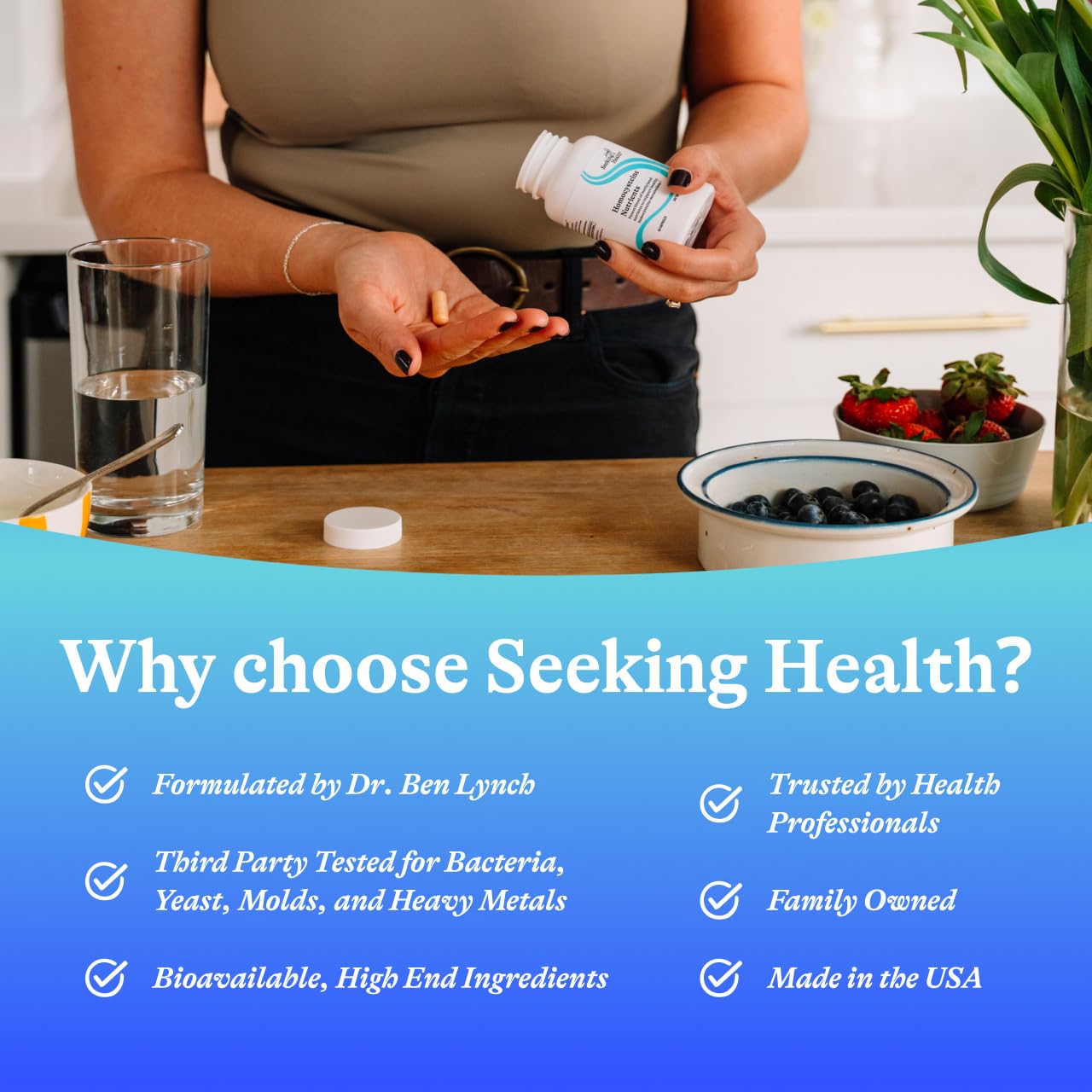 Tablet closeup from Seeking Health Homocysteine Nutrients suggests a compact daily dose