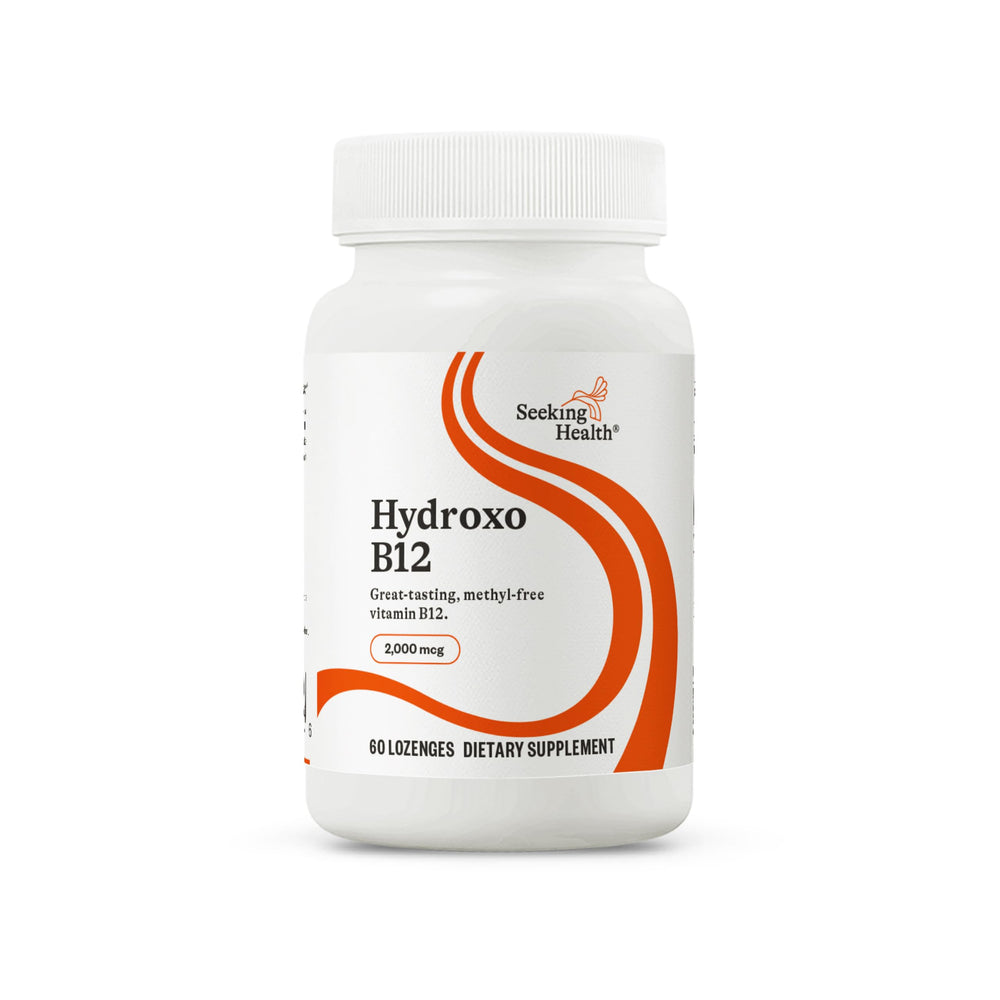 Seeking Health Hydroxo B12 bottle showing daily energy support potential.