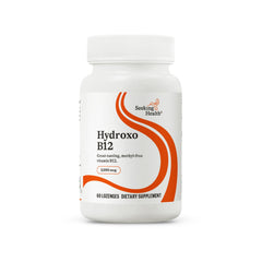 Seeking Health Hydroxo B12 bottle showing daily energy support potential.