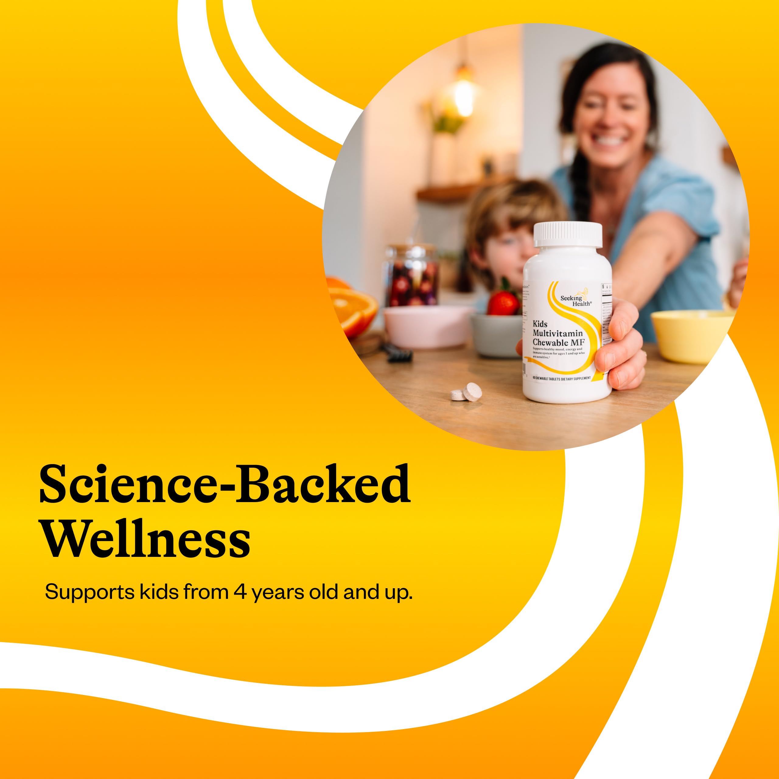 Seeking Health Kids Multivitamin MF label showing folinic acid and essential vitamins for balanced nutrition