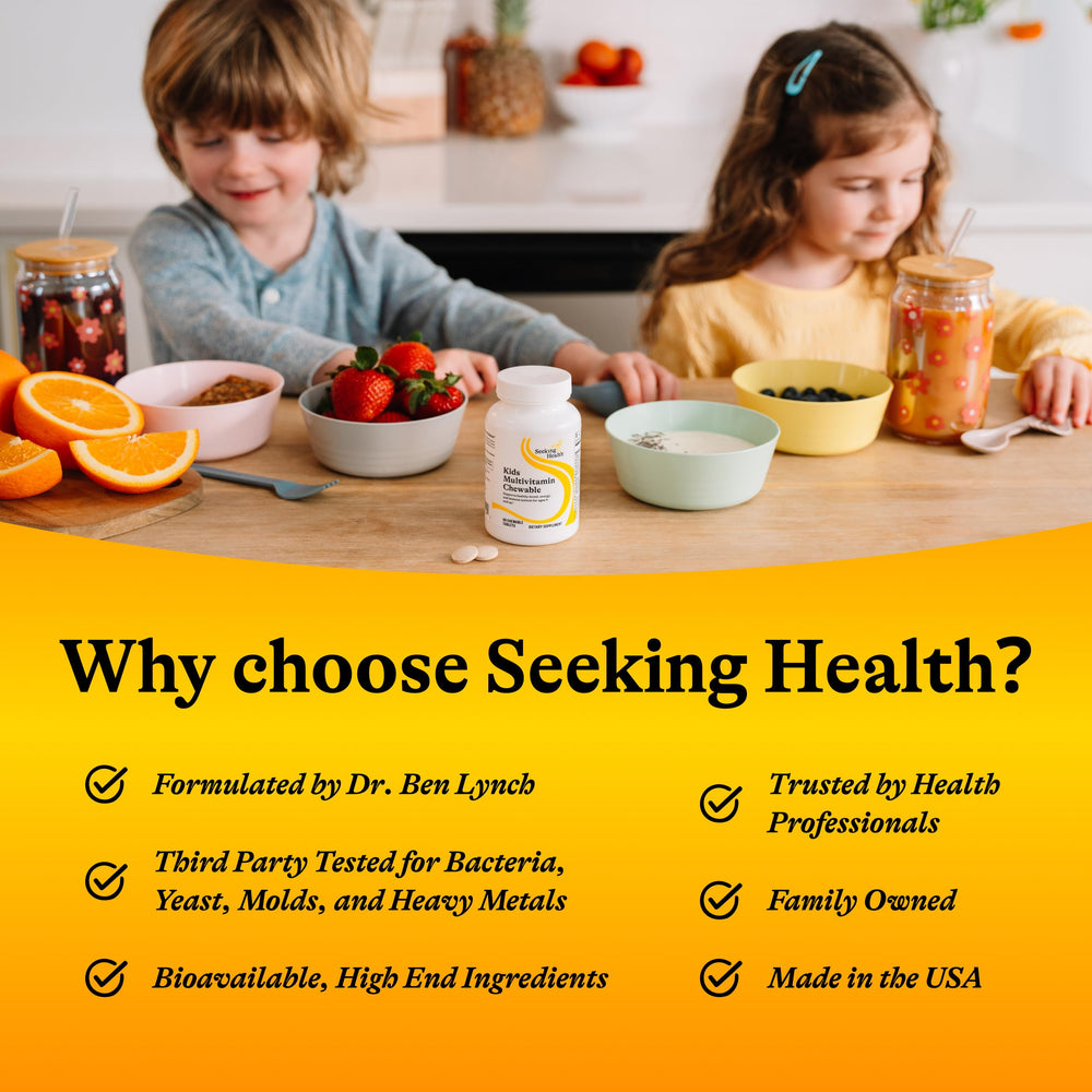 Seeking Health Kids Multivitamin MF packaging highlighting core nutrients for growth