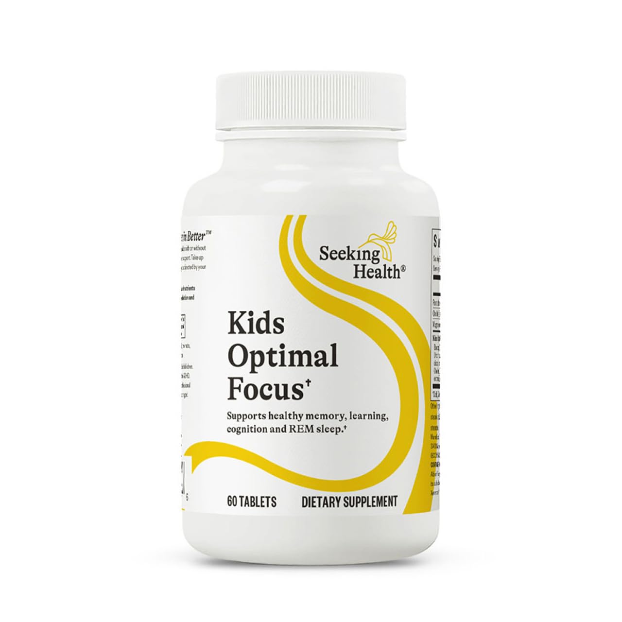 Seeking Health Kids Optimal Focus chewables bottle view shows calming support for kids.