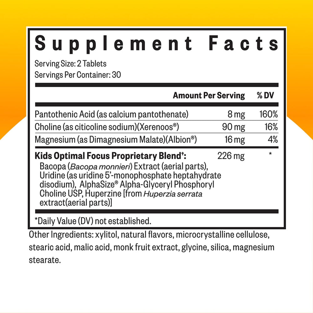 Seeking Health Kids Optimal Focus chewables on a child's desk for daily focus.