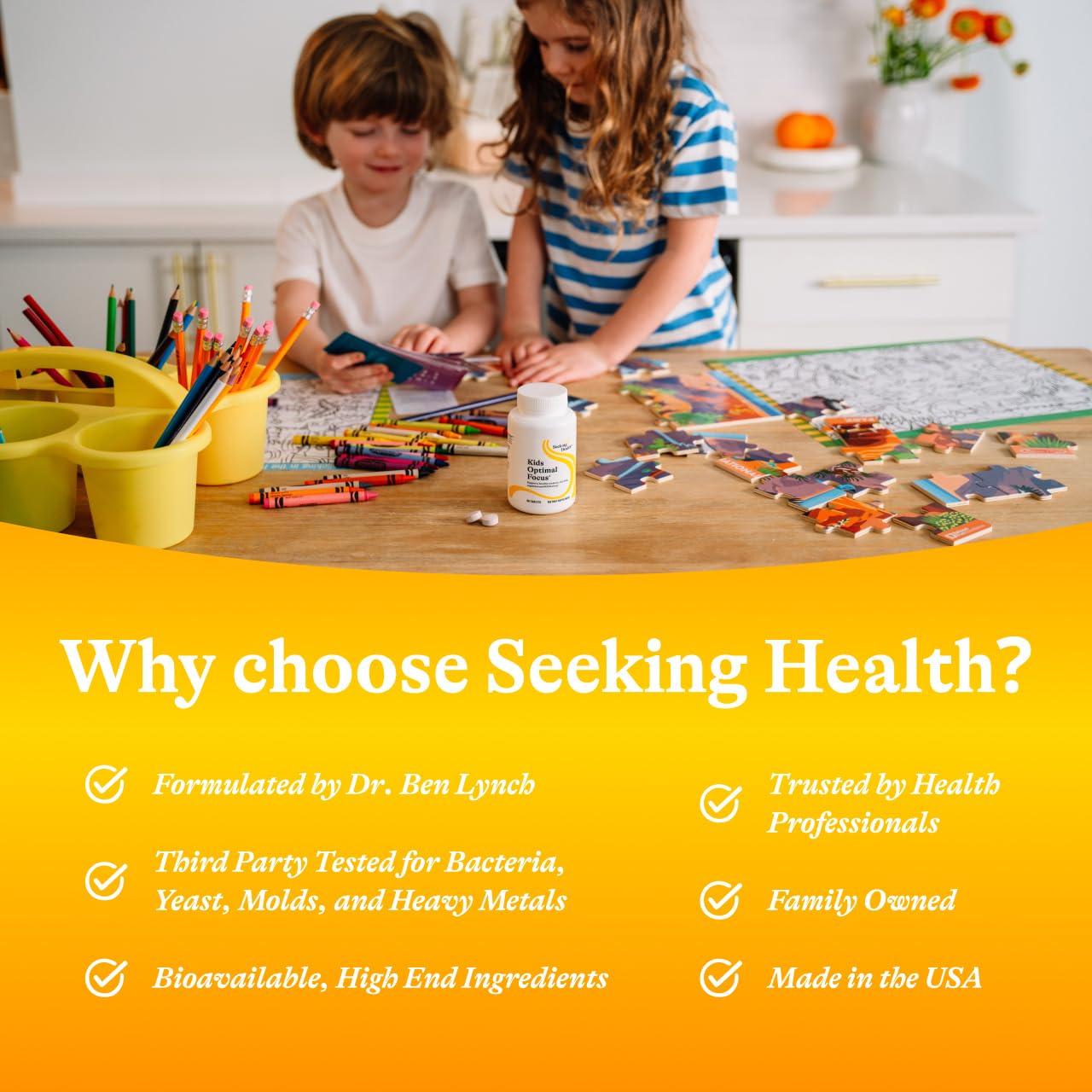 Seeking Health Kids Optimal Focus box highlights quality ingredients.