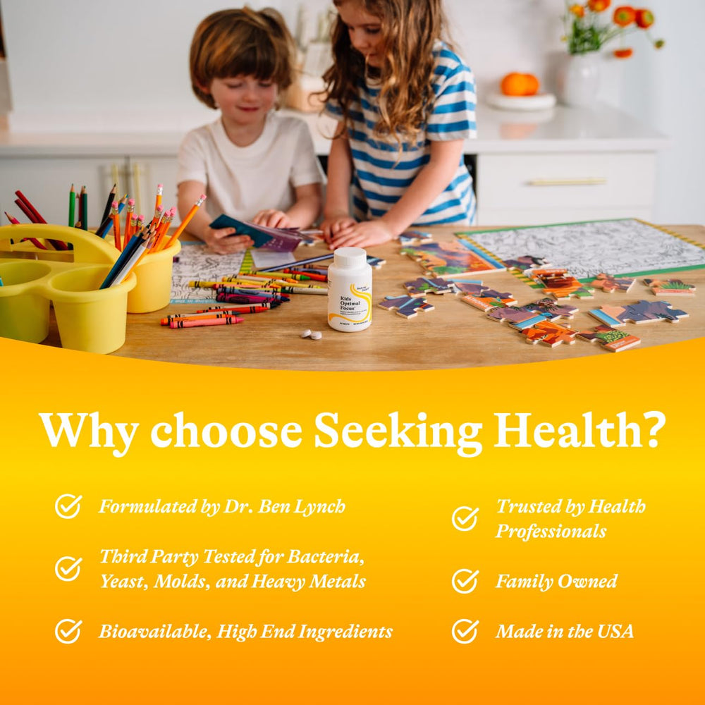 Seeking Health Kids Optimal Focus box highlights quality ingredients.