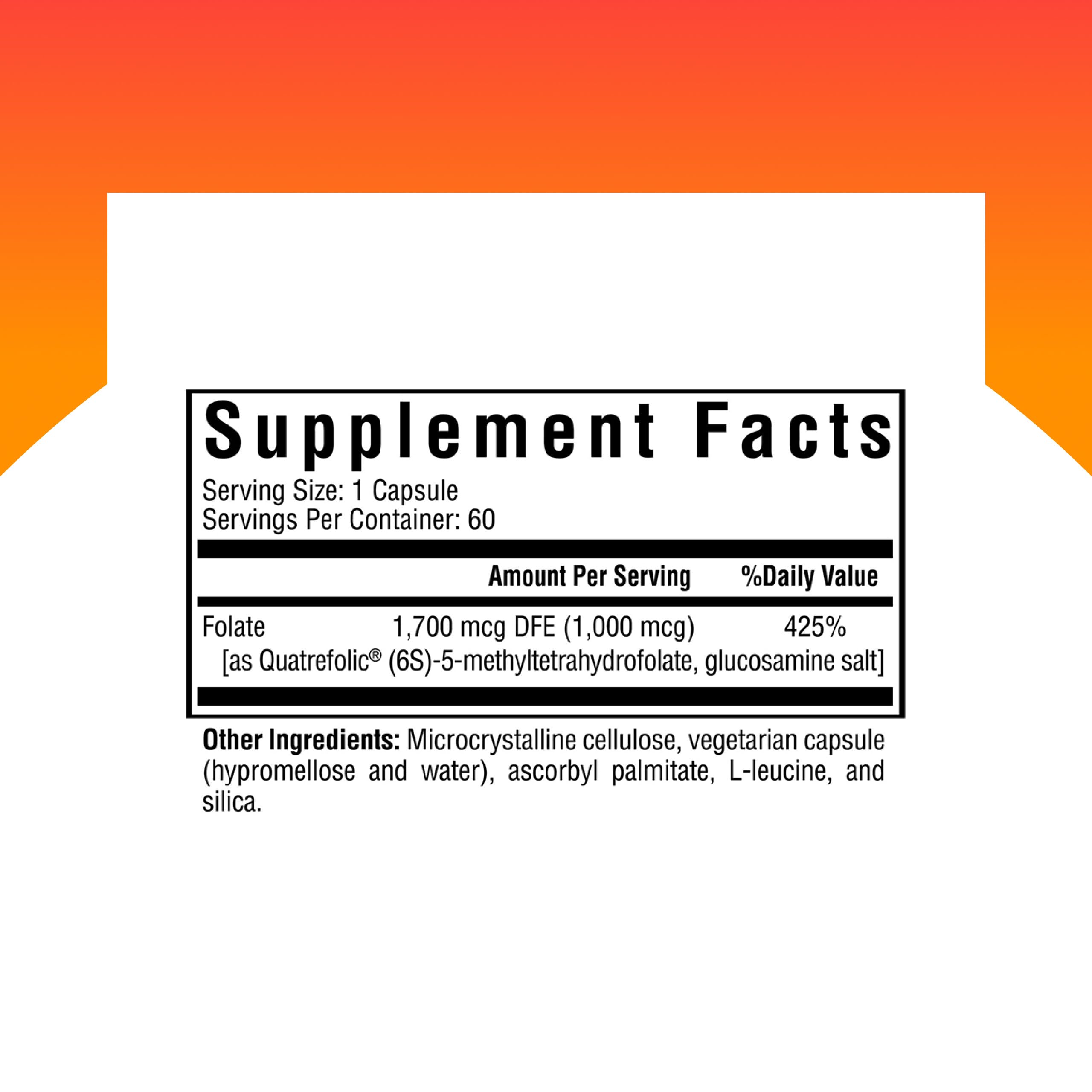 Seeking Health L-Methylfolate capsules close-up with bottle, highlighting dosage and convenience.