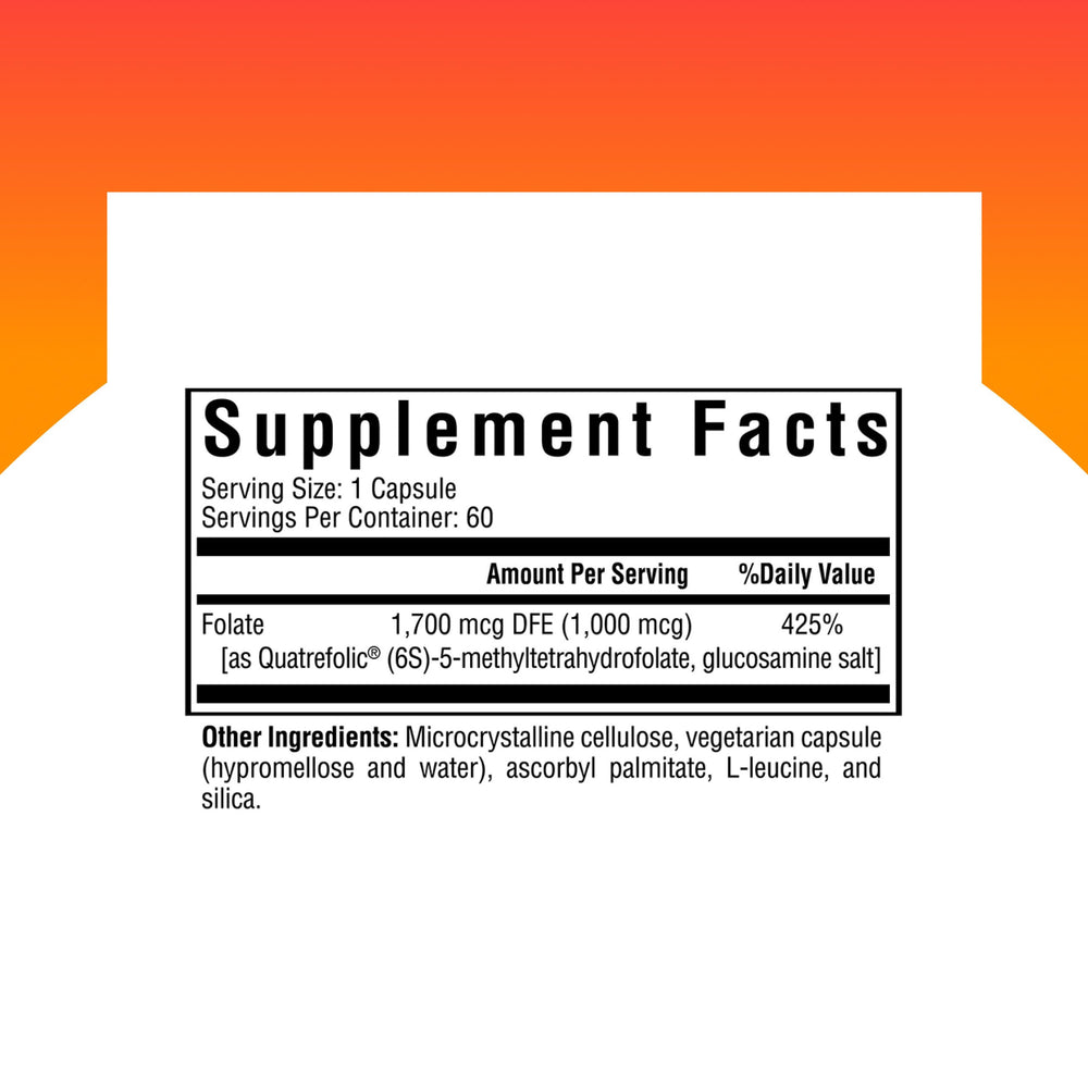 Seeking Health L-Methylfolate capsules close-up with bottle, highlighting dosage and convenience.