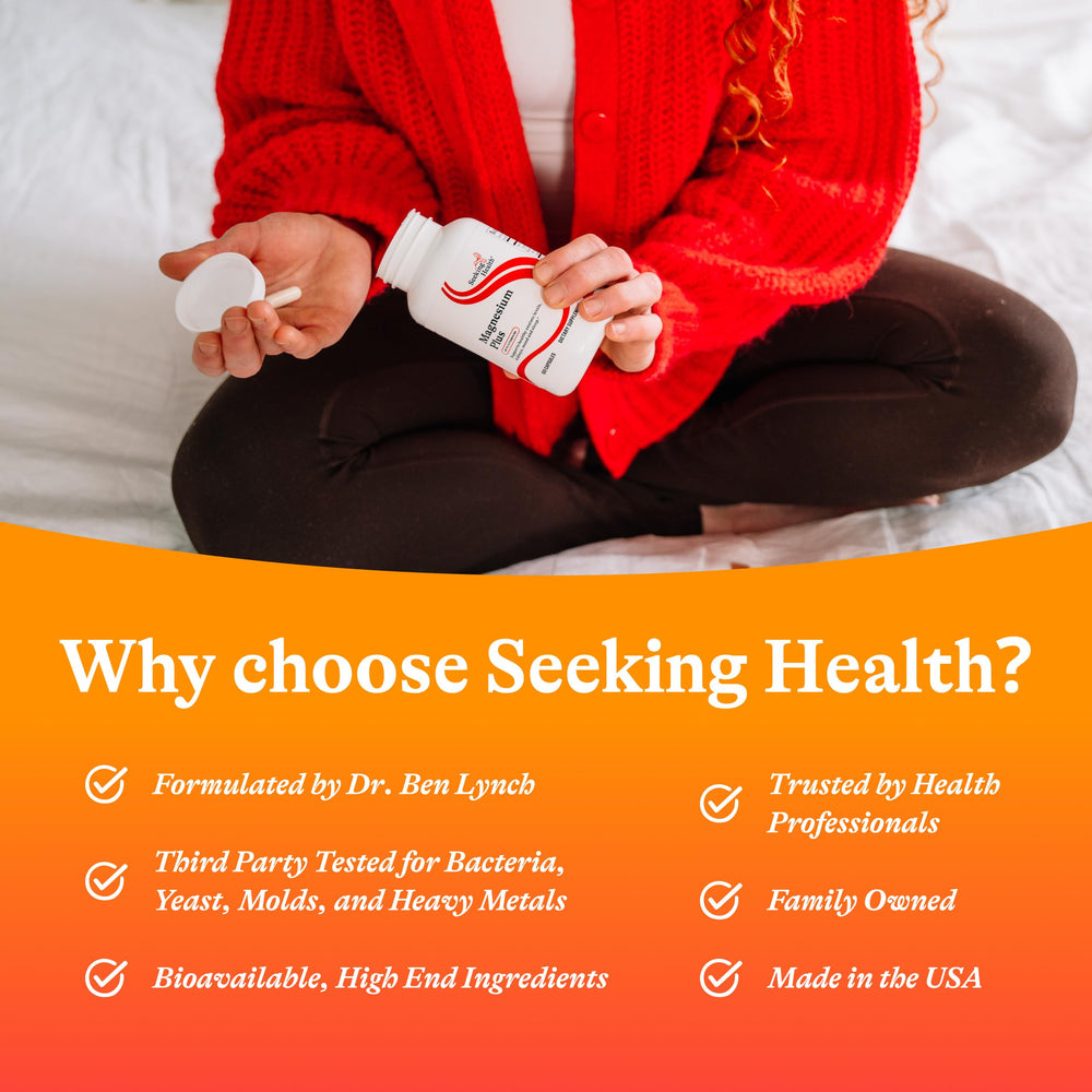 Seeking Health Magnesium Plus vitamin B6 graphic emphasizes enhanced absorption.