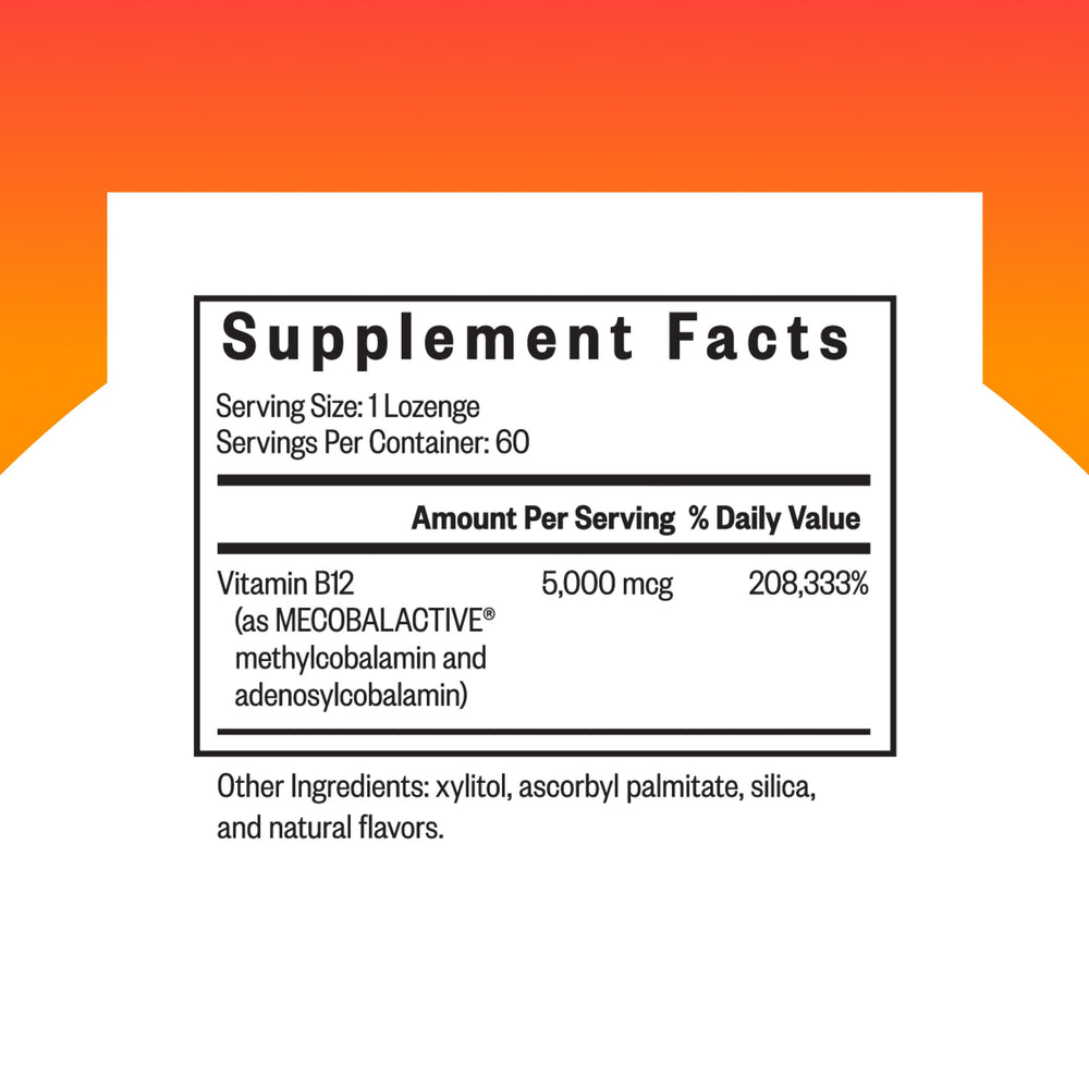Seeking Health Methyl B12 5000 label closeup highlights bioavailable forms for metabolism.