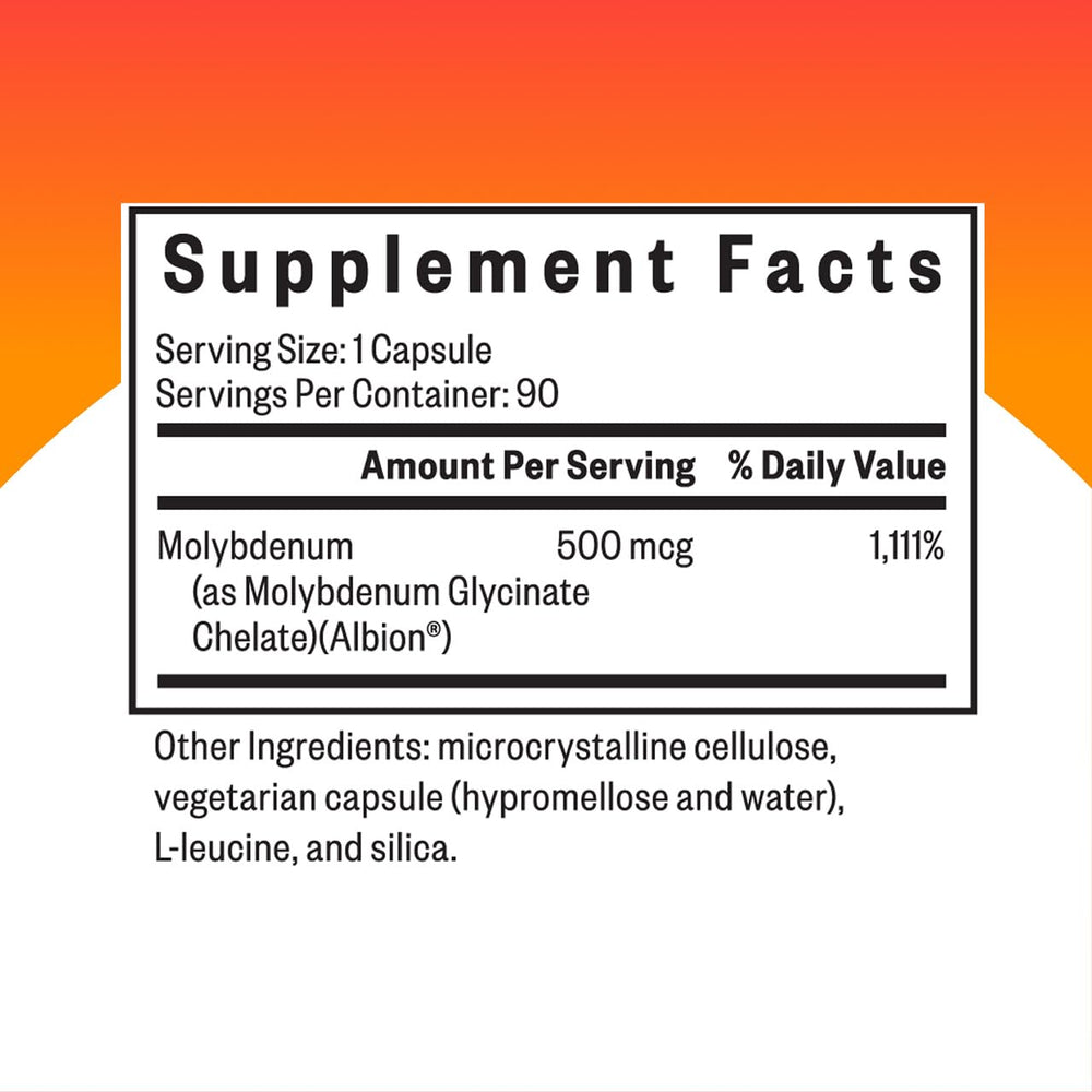 Seeking Health Molybdenum 500 bottle label detailing glycinate chelate form