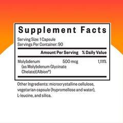 Seeking Health Molybdenum 500 bottle label detailing glycinate chelate form
