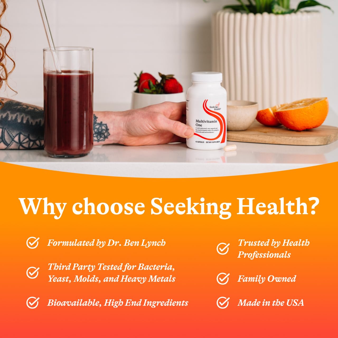 Ingredient list featuring antioxidants like PQQ and SOD for aging support
