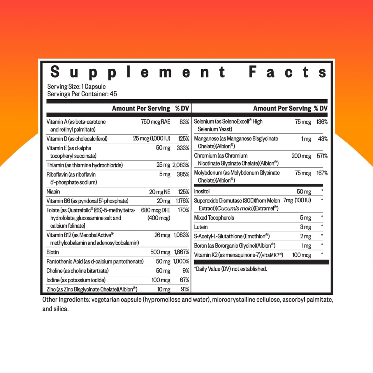 Seeking Health Multivitamin One back label highlights bioavailable B12 and zinc