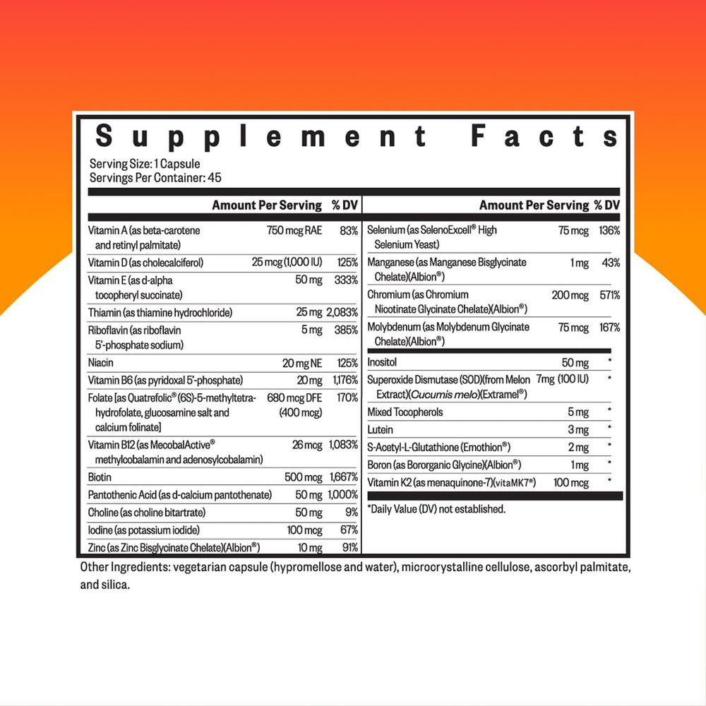 Seeking Health Multivitamin One back label highlights bioavailable B12 and zinc