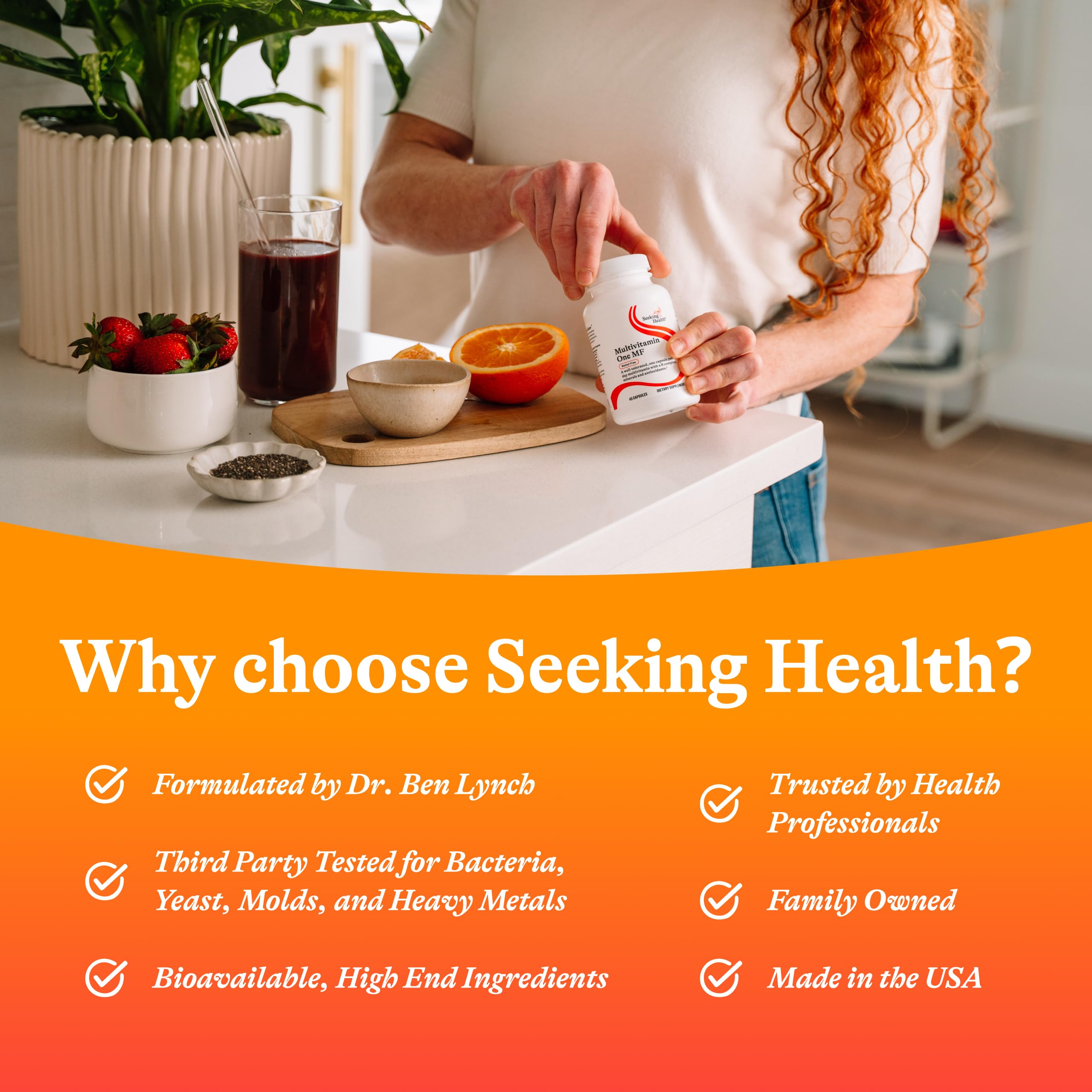 Seeking Health bottle packaging highlights allergen-friendly, clean ingredients.