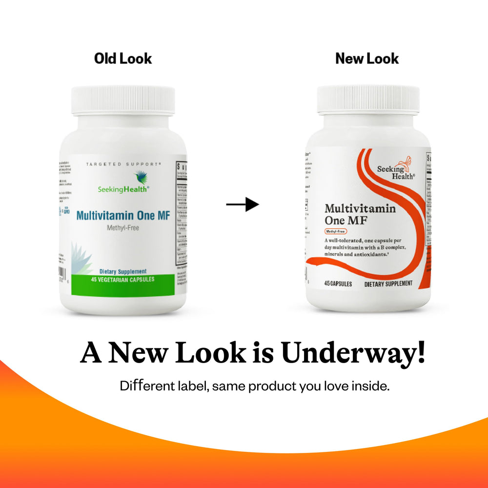 Seeking Health One MF pouring capsules to illustrate easy dosing.