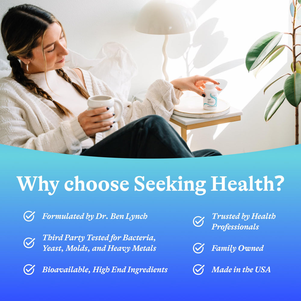 Seeking Health NAC active form close-up highlights 500 mg per capsule.