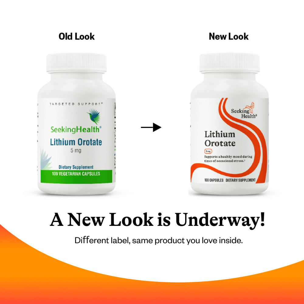 Seeking Health Lithium Orotate non-GMO badge emphasizes clean ingredient sourcing.