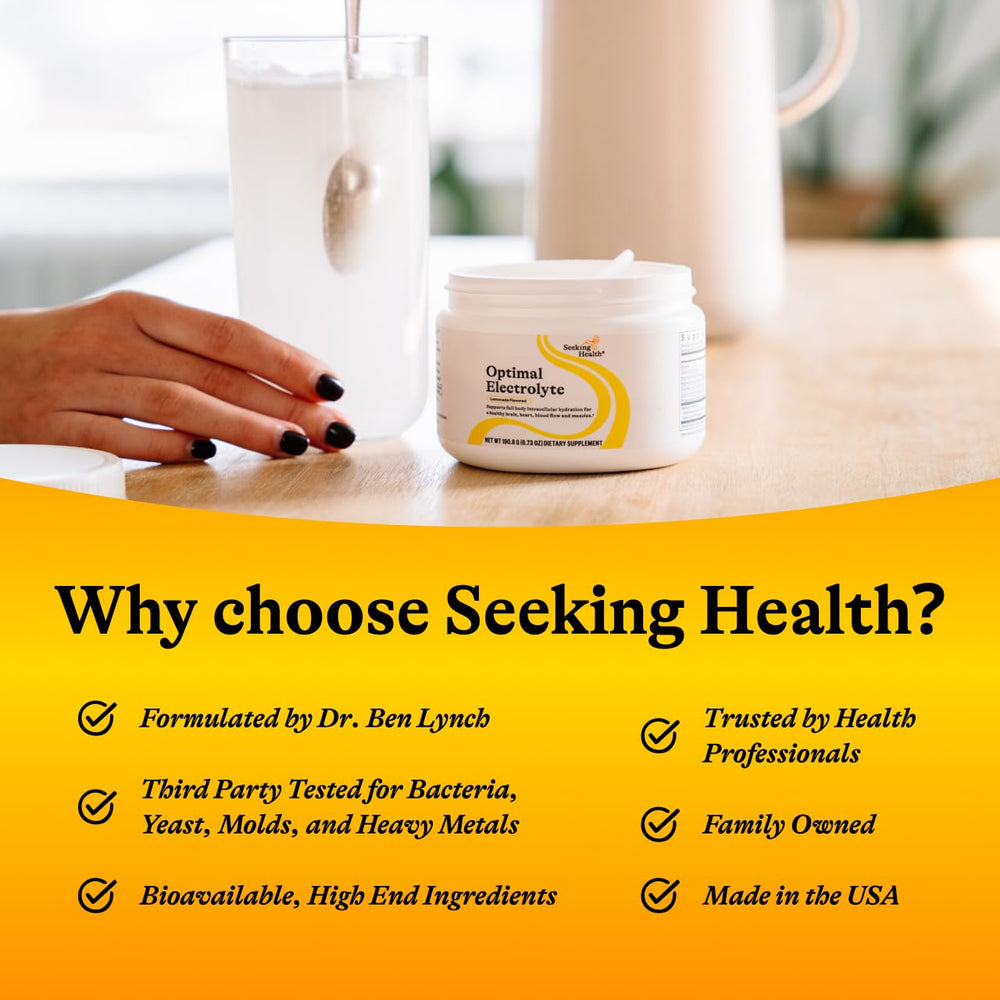 Front label of Seeking Health Optimal Electrolyte showing flavor and benefits.