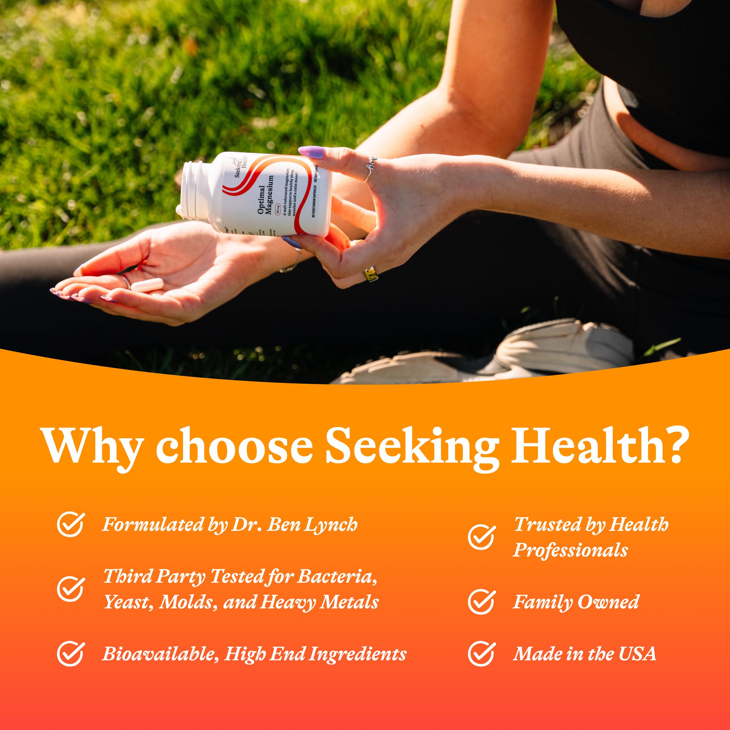 Seeking Health Optimal Magnesium capsules beside a glass of water during workout recovery.
