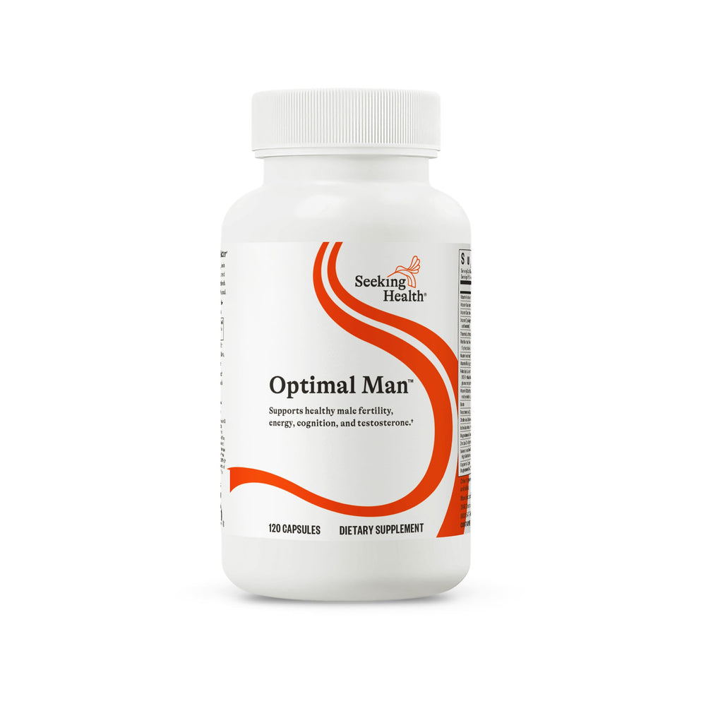 Seeking Health Optimal Man bottle front displaying a complete men's multivitamin for daily energy and brain health.