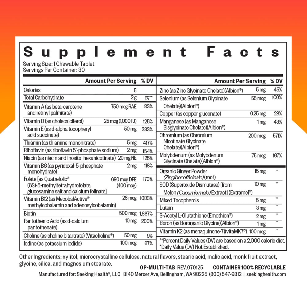 Seeking Health Optimal Multivitamin Chewable tablet close-up for easy daily use