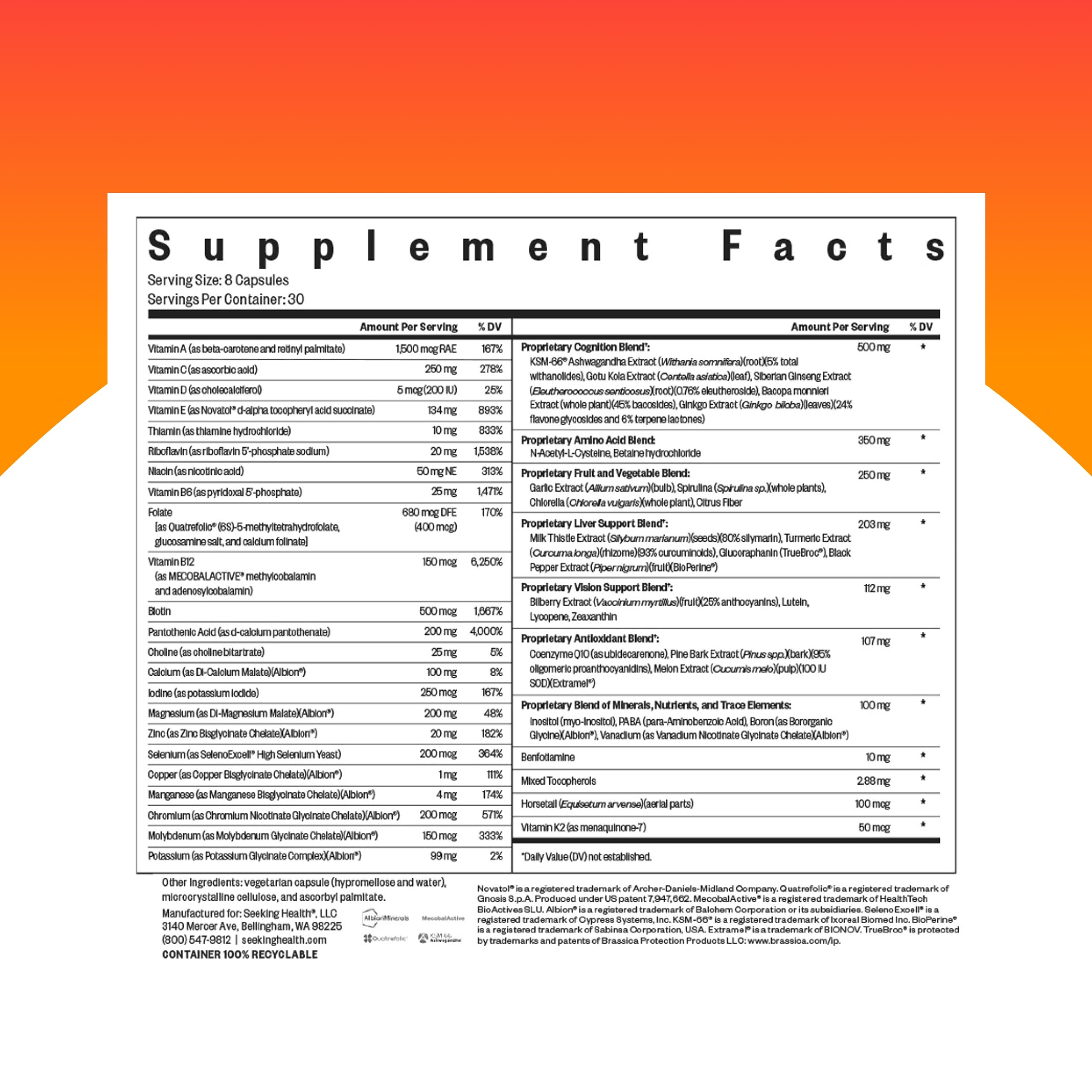 Seeking Health Optimal Multivitamin pack closeup highlighting 240 capsules for ongoing use.